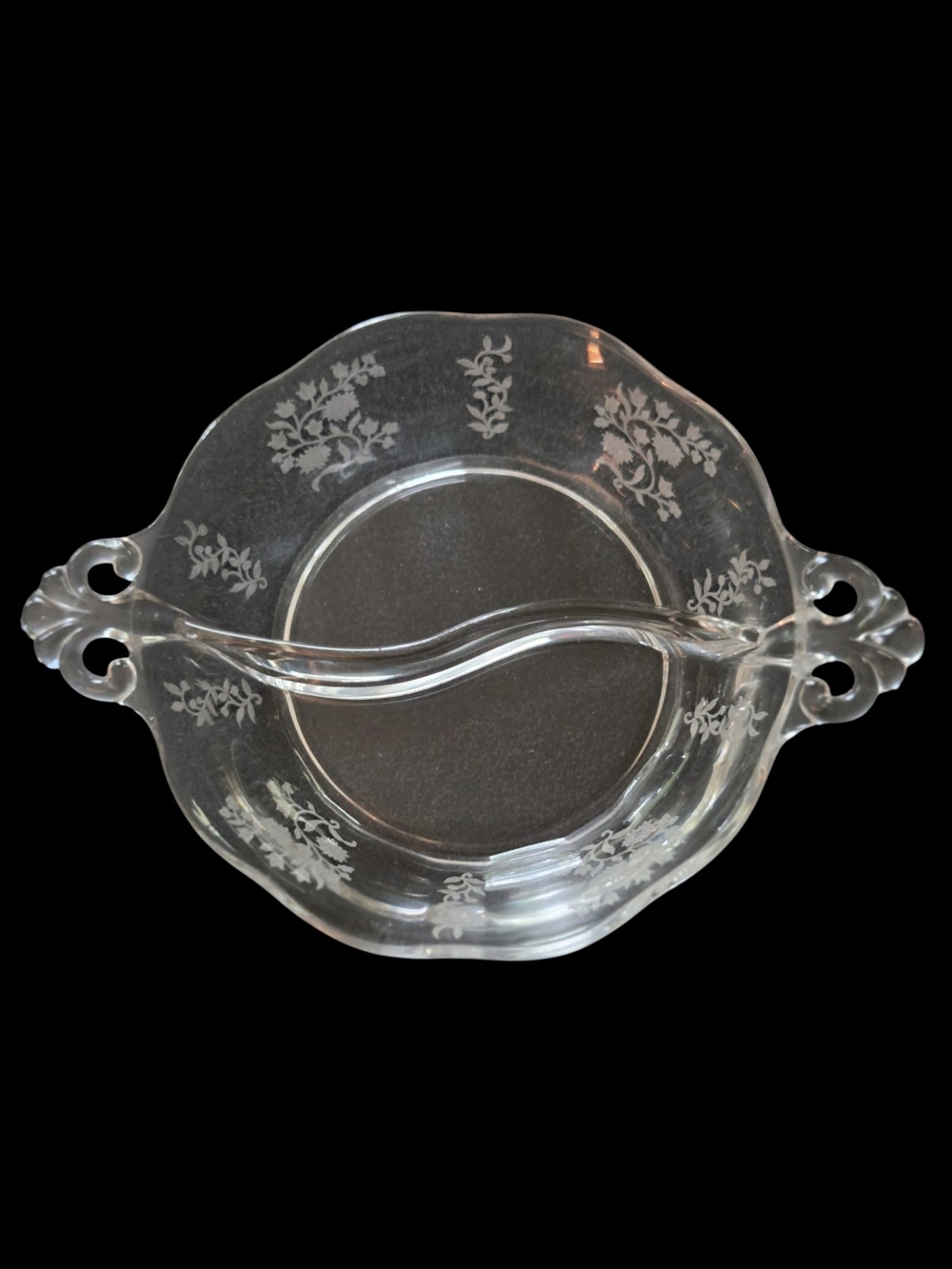 Fostoria Rambler: 2 Part Crystal Relish Dish, Etched Flowers
